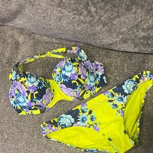 Seafolly Bright Green Swimwear with Floral Blue Accents